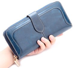 Borgasets Women's Genuine Leather Wristlet Wallet Smartphone Clutch Blue