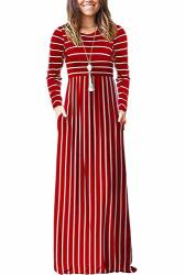 Hount Women's Long Sleeve Striped Winter Casual Long Maxi Dresses With Pockets 1-LONG Sleeve Red Medium