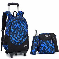 Rolling Backpack Set Trolley Travel Suitcase Wheeled School Bag+shoulder Bag+pouch 3 In 1 Unisex Blue-two Wheels