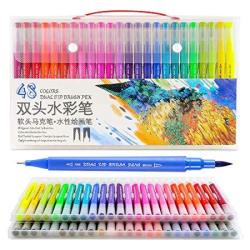 48 Colors Dual Brush Pen Art Markers Non Toxic Water-based Ink 0.4MM FINELINER&1-2MM Brush Tips Contains 8 Sheets Of 300G Watercolor Paper For Colorin