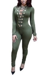 Aro Lora Women's Deep V Neck Long Sleeves Lace Up Key Hole Front Club Jumpsuits XL Army Green