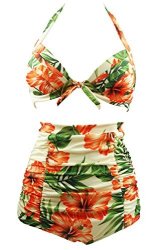 Retro Cocoship Peach Hibiscus & Beige Floral Halter High Waisted Bikini Bathing Suit Swimsuit Xl Fba