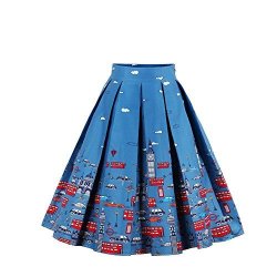 Vintage Pleated Skater Swing Skirts Floral Print A-line High Waist Blue S