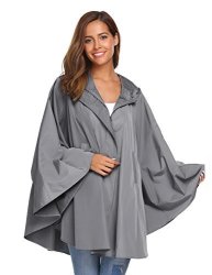 Soteer Womens Rain Poncho Batwing-sleeved Hooded Raincoat Waterproof Packable Rain Jacket Grey M