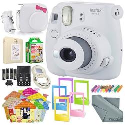 Fujifilm Instax MINI 9 Instant Film Camera Smokey White & Deluxe Accessory Kit W selfie Lens + MINI Album & Case + Films + Assorted Frames + More