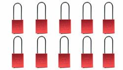 Set Of 10 Dynamite Aluminum Safety Lock-out Tag Out Padlock Keyed Alike DL-ALURED-3851L With Body Width 1-1 2" With 2" Long Shackle Anodized Aluminum Safety