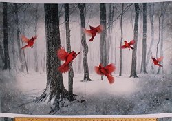 28" X 44" Panel Cardinals Birds Snow Winter Woods Trees Forest Wildlife Nature Scenic Northwoods Landscape Call Of The Wild Digital Print Cotton Fabric