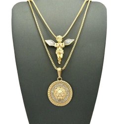 Bitter Sweet Store Mens Iced Out Hip Hop Rapper Gold Red Ruby Micro Angel Greek God Pendant Box Chain Necklace Set