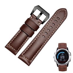 Voberry Genuine Leather Watch Replacement Band Strap + Lugs Adapters For Garmin Fenix 3 Hr Brown