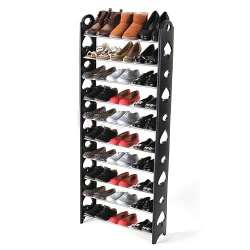 10 Tier Shoe Rack - Black Holds 30 Pairs Shoes