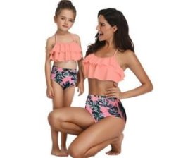 2 Piece Nylon Matching Bikini Swimwear Bathing Suits For Mom Or Daughter - Peach - Leafy Print - Size XL