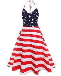 USA Autcy American Flag 4TH July Independence Day Dresses For Women Halter V-neck Off Shoulder Sleeveless Backless Red L