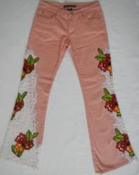 Designer Jean - Pink Denim With White Lace Inserts & Floral Detail - Size 10 Bootleg