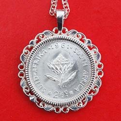 1961 South Africa 2-1 2 Cents Bu Uncirculated 50% Silver Coin 925 Sterling Silver Necklace New - Protea Flower