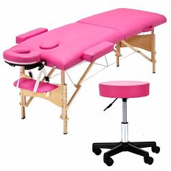 UenJoy Folding Massage Bed With Stool 84" Professional 2 Fold Lash Bed With Head-& Armrest Pink