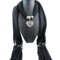 Pendant Scarf Leegor Lady Hollow Heart Necklace Scarf Tassel Warm Scarves Black