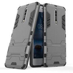 Nokia 8 Case - Heavy Duty Shock Proof Shield Hard Shell Back Case Cover Dual With Back Stand For Nokia 8 - Gray