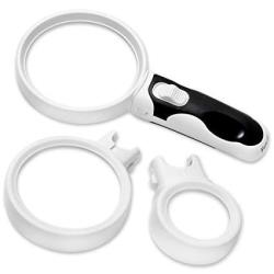 Fancii Illuminated Led Handheld Magnifying Glass Set - 2x 3.5x And 10x High Magnification Power - Best Lighted Magnifier For Seniors Reading Hobby Crafts