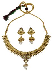 Gold Tone Necklace Earring Set South Indian Bridal Traditional Wedding Jewelry IMOJ-BNS8A