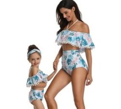2 Piece Nylon Matching Bikini Swimwear Bathing Suits For Mom Or Daughter - Blue - Fern Print - Size S