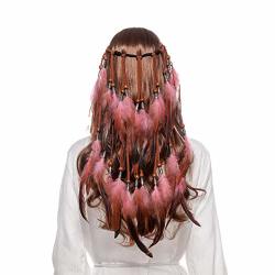 Boho Headdress Feather Headband Accessories - Awaytr Feather Elastic Gypsy Festival Headband Indian Fancy Headpieces 1970S Pink