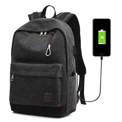 Men Canvas Backpacks Multifunction USB Charging School Bags Travel Bagpack Large Capacity 15" 15.6" Laptop Backpack Computer Rucksack Anti-theft Black