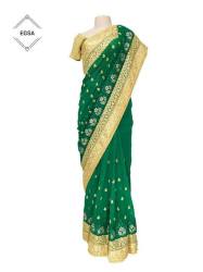 Elegant Fully Embroidered Green Saree With Thick Border And Stones.