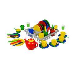 Pretend Play Kids Tea & Dinner Party Set With Drainer Rack - 43 Pieces Boxed