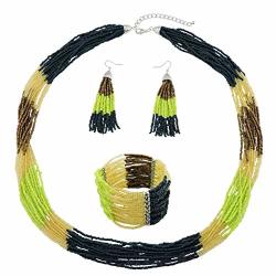 Bocar Multi Layer Beaded Statement Necklace Set Mix Strand Necklace Bracelet And Earrings For Women Gift SET-1014-BRONZE+GREENERY+DARK Teal