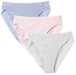 Amazon Brand - Arabella Women's Smooth Cotton High Leg Lace Detail Brief Panty 3 Pack Stonewash lilac high Rise Grey Medium