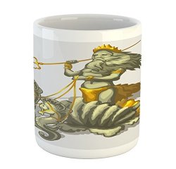 Lunarable Animal Mug By Old Mythologic Character Triton In Shell With Seahorse Poseidon Greek Figure Print Printed Ceramic Coffee Mug Water Tea Drinks Cup