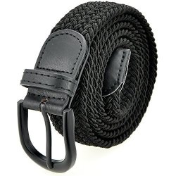 Braided Stretch Belt: Elastic Belt With Pin Oval Solid Black Buckle And Leather Loop End Tip For Men And Women & Junior Younger