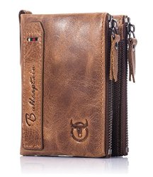 Wallet Men's Nasumtuo Rfid Blocking Minimalist Vintage Cowhide Leather With Double Zipper Pocket For Men Brown