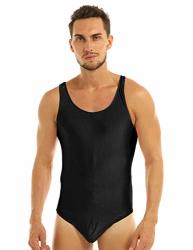 Acsuss Men's Stretch Racer Back High Cut Thongs Leotard Bodysuit Singlet Swimsuit Black Medium