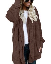 FOUNDO Womens Fuzzy Open Front Hooded Cardigan Jacket Coat Outwear With Pocket Coffee L