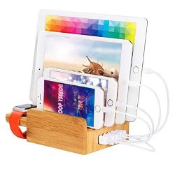 Thspow USB Bamboo Charging Station 5 Ports Charging Dock Multi Devices Organizer For Apple Watch Android Apple