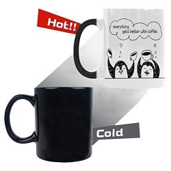 InterestPrint Cartoon Penguins Morphing Mug Heat Sensitive Color Changing Coffee Mug Cup With Quotes Everything Gets Better With Coffee Flightless Bird Animal Coffee Mug