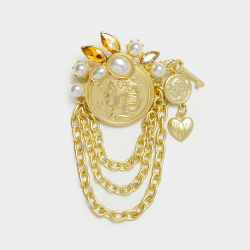 Brushed Gold Roman Coin With Pearl & Chain Detail