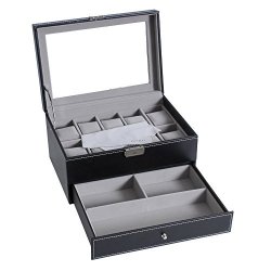 Watch Box For Men 10 Watch Display Organizer With Pu Leather Jewelry Display Case With Key&lock Black