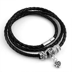 Bamoer Mens Women Vintage Charm Braided Leather Rope Woven Wrap Cuff Bracelet Magnetic Clasp 23" Long Black