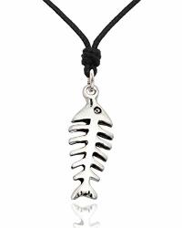 Vietguild New Fish Skeleton Bones Silver Pewter Charm Necklace Pendant Jewelry With Cotton Cord
