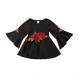 Mericiny Little Girl Baby Long Sleeve Embroidery Flower Dress Knee High One Piece Party Dress Black 130 5-6T