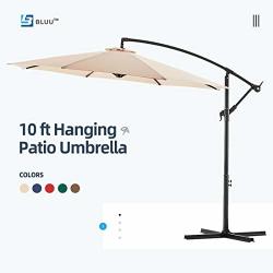 Bluu Wuff 10FT Patio Offset Umbrella Cantilever Umbrella Hanging Market Umbrella Outdoor Umbrellas With Crank & Cross Bases Beige