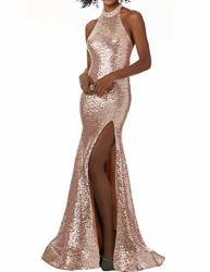 Women's Halter Sequin Prom Dress Floor Length With High Split Open Back Evening Party Gown Rose Gold Size 2