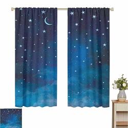 June Gissing Sky Kitchen Curtain Abstract Night Time Illustration Stars And Crescent Moon Constellation Astrology Light Darkening Curtains W63 X L63 Blue Dark Blue