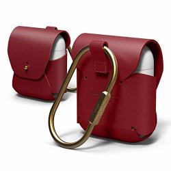 Elago Airpods Leather Case Red - Compatible With Apple Airpods 1 & 2 Supports Wireless Charging Genuine Leather Added Brass Ring Holder - For Airpods 1 & 2