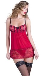 Red Lace Bra Top Babydoll And G-string Set