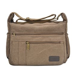 Fabuxry Light Weight Canvas Shoulder Bag For Women Messenger Handbags Cross Body Multi Zipper Pockets Bags Brown