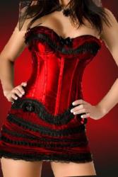 SATIN RED Corset Set With Black Ruched Lace And Bows At Bust And Bottom And Matching Ruched Lace Sk