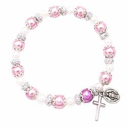 Rosemarie Collections Women's Simulated Pearl Beaded Stretch Rosary Bracelet With Crucifix And Miraculous Medal Pink